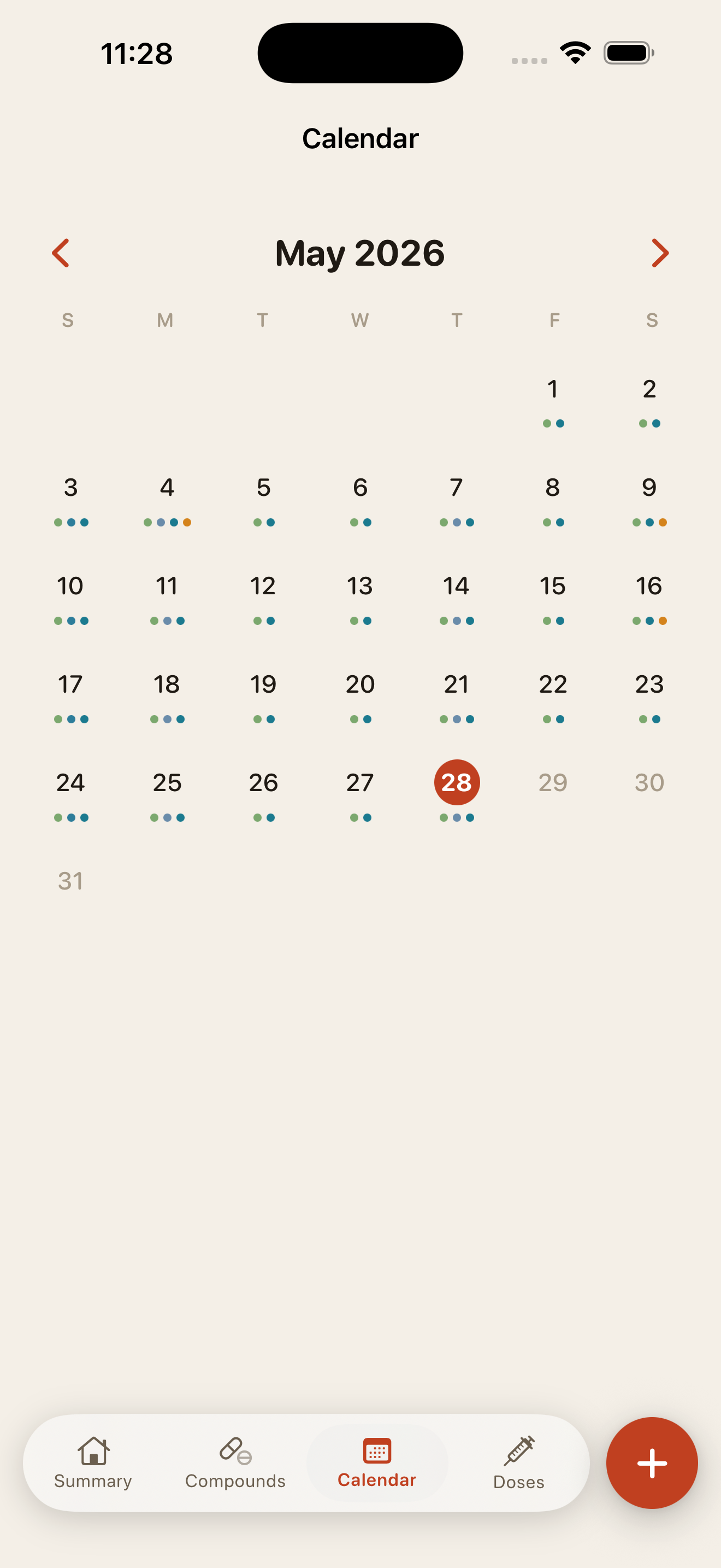 Dosely Calendar screen showing a monthly view with dose markers and the current day highlighted.