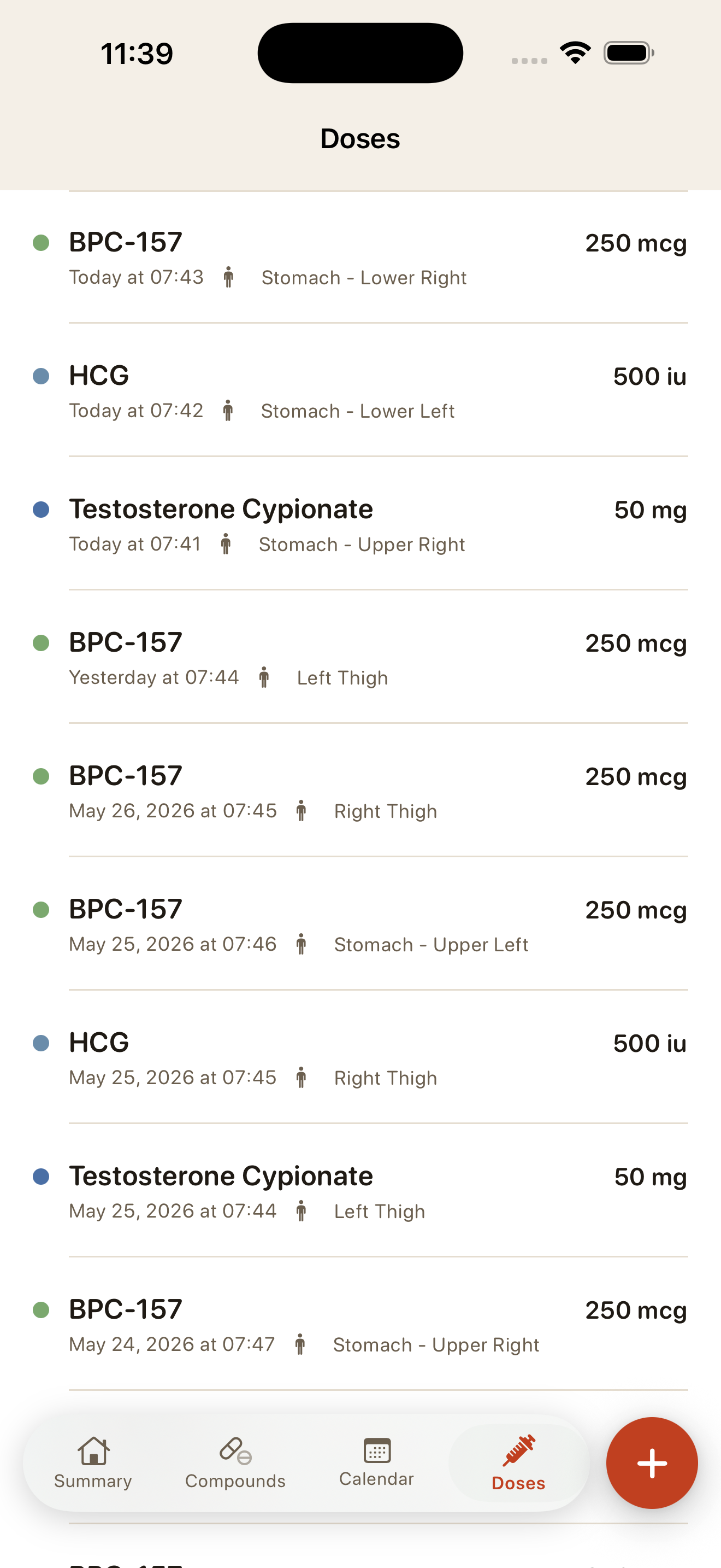 Dosely Doses screen showing a logged Semaglutide dose with amount, date, time, and injection site.