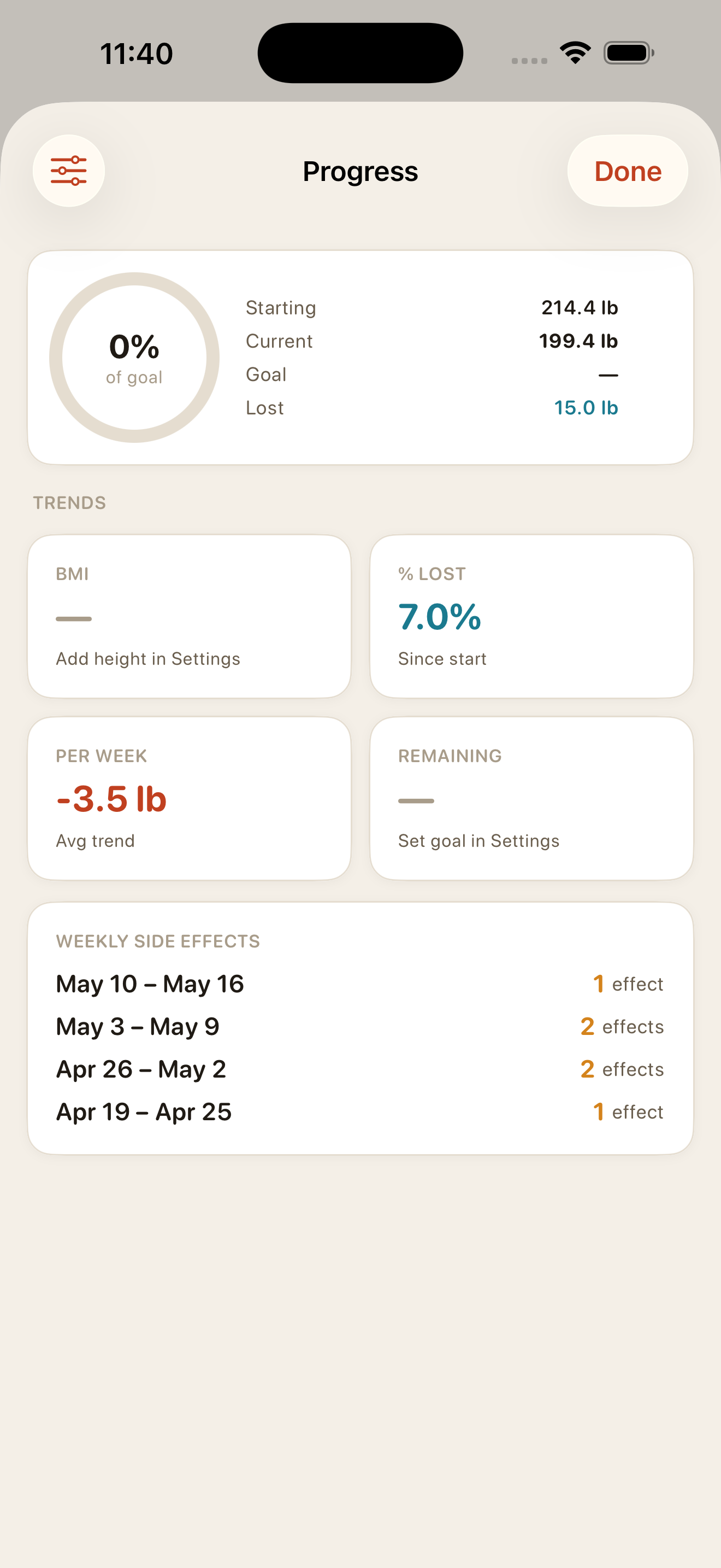 Dosely Results screen showing weight progress, percent lost, side effects, and weekly stats.
